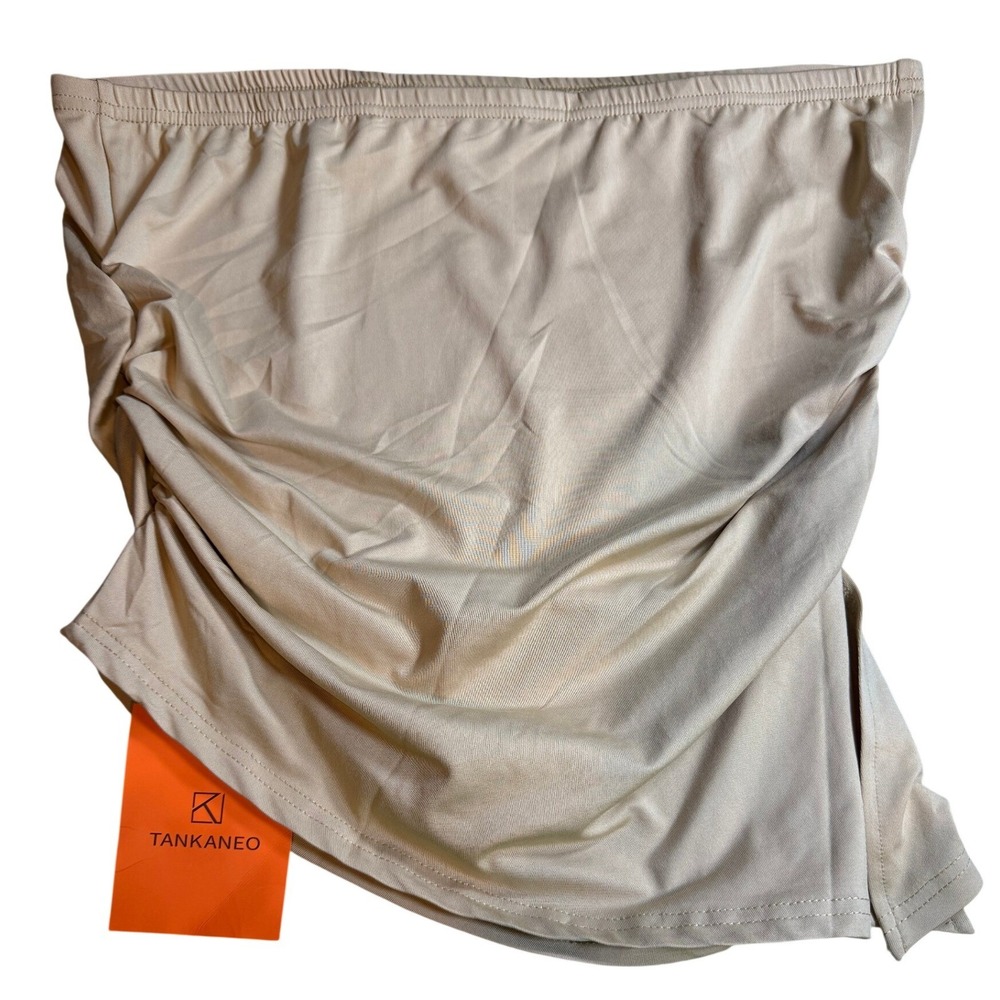 Tankaneo Khaki Tan Ruched Tube Top Strapless Asymmetrical Bandeau XL NWT